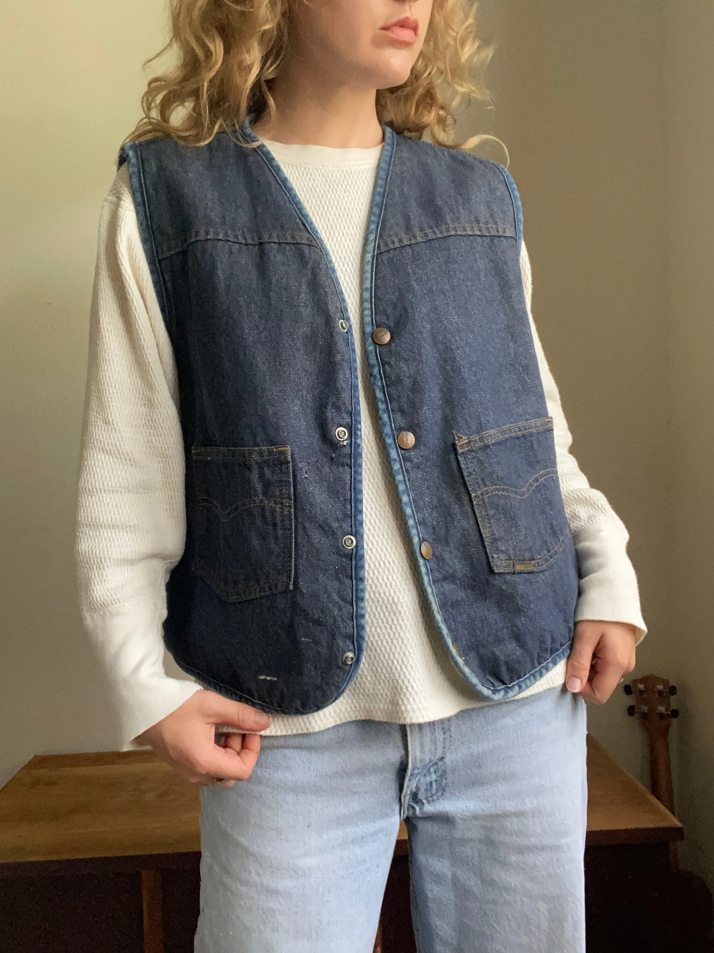 1970s Sears Roebucks fleece lined denim vest Large