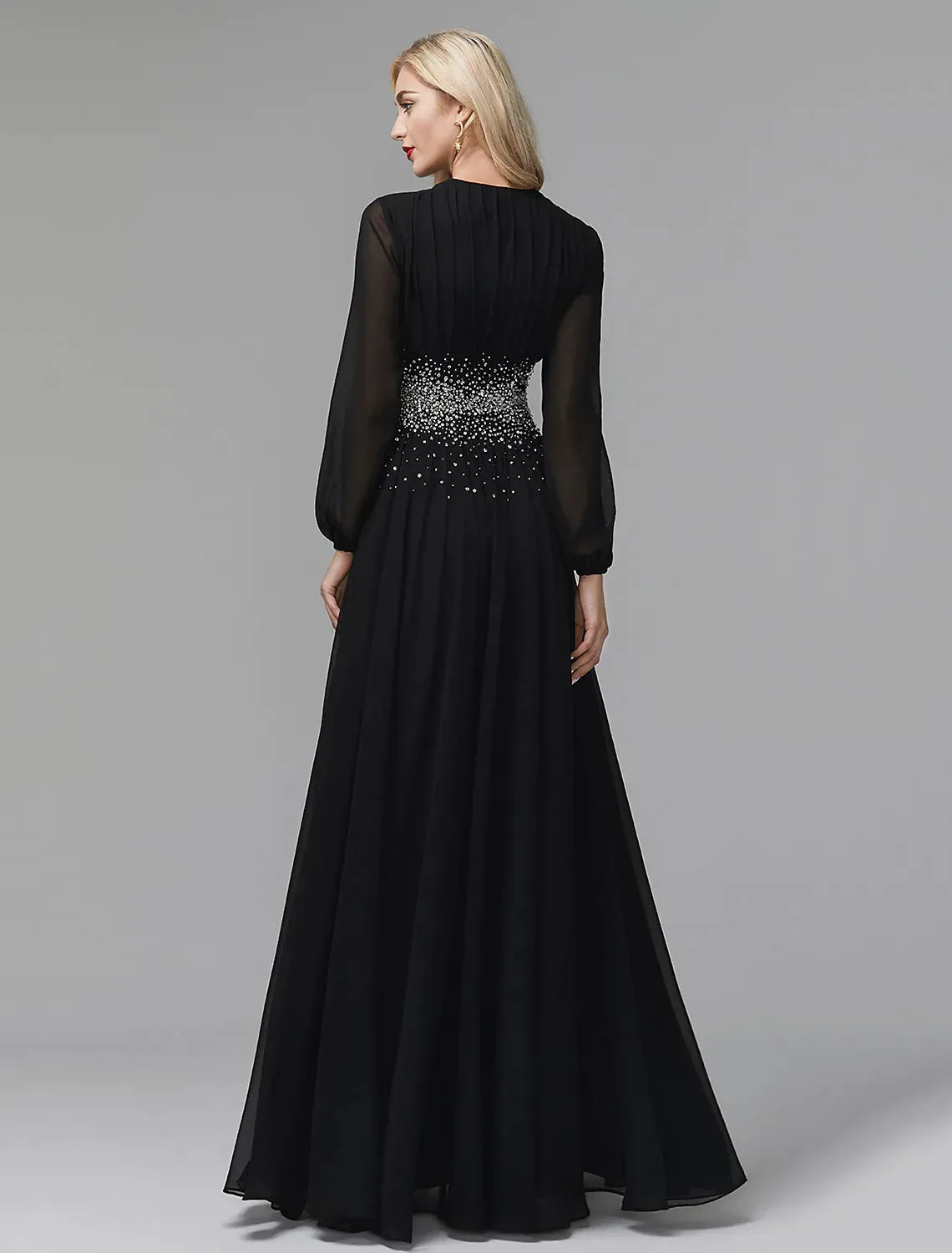 A-Line Evening Dress Celebrity Red Carpet Formal Gown Black Wedding Guest Floor Length Long Sleeve V Neck Chiffon with Sequin