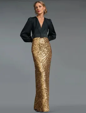 A-Line Evening Gown Black Tie Floor Length Long Sleeve V Neck Belt / Sash Sequined with Slit