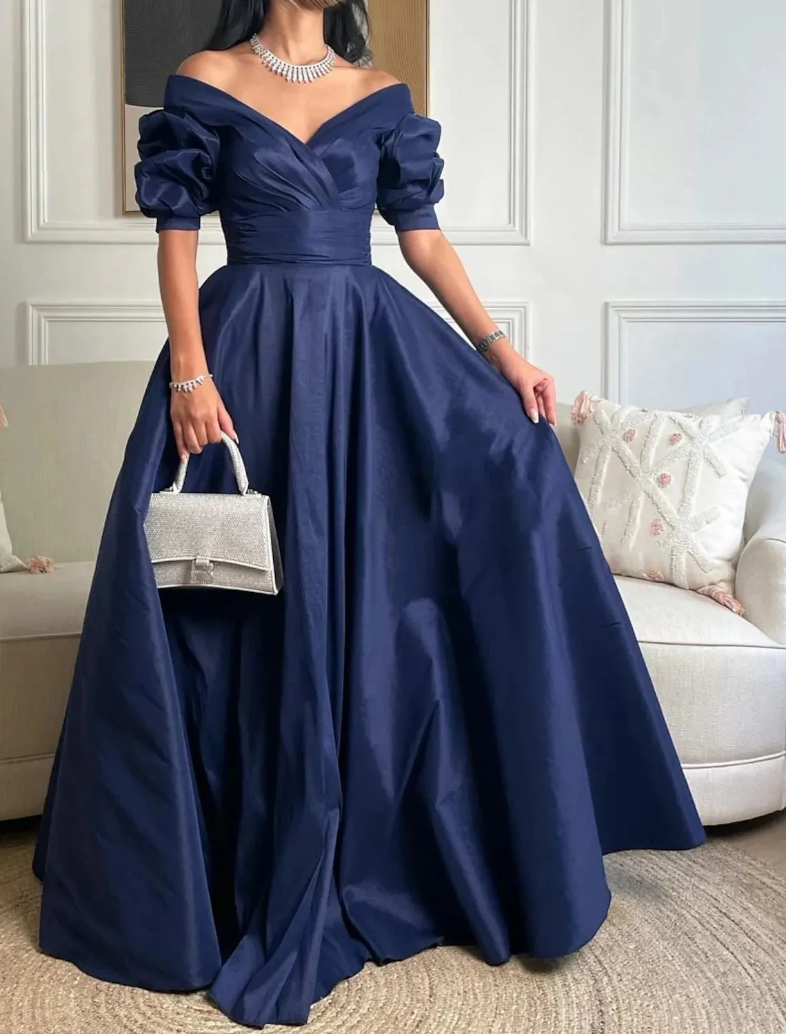 A-Line Evening Gown Elegant Dress Formal Prom Floor Length 3/4 Length Sleeve Sweetheart Satin with Ruched