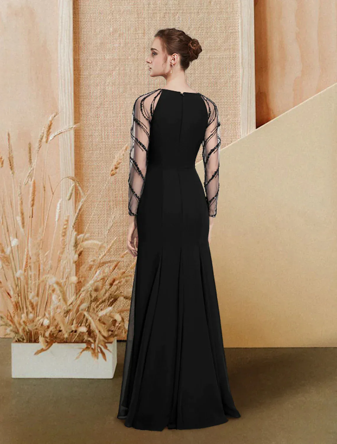 A-Line Evening Gown Luxurious Dress Prom Floor Length Long Sleeve Jewel Neck Chiffon with Pleats Sequin