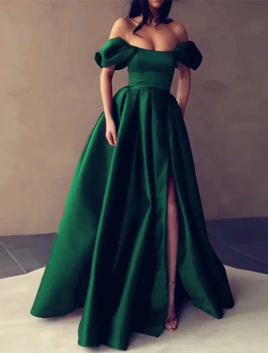 A-Line Evening Gown Red Green Dress Wedding Guest Engagement Floor Length Sleeveless Strapless Italy Satin with Slit Pure Color