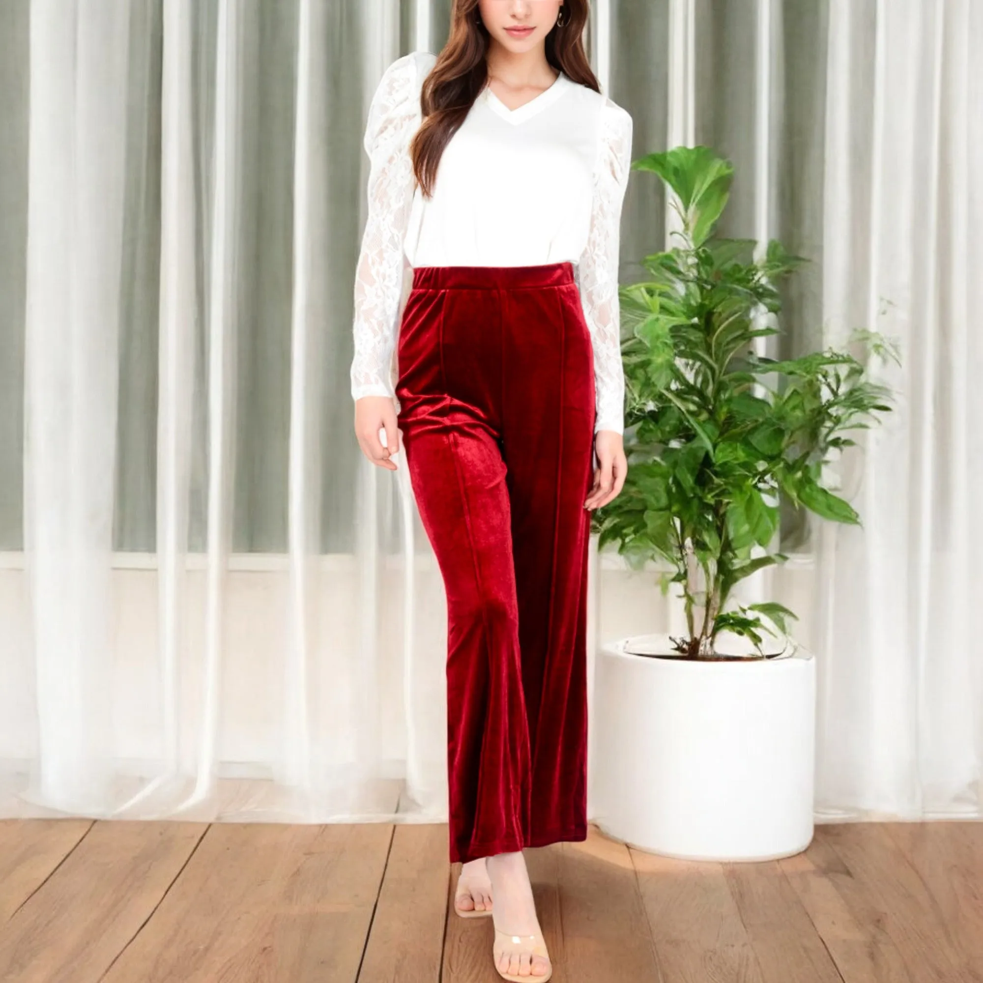 Anna-Kaci Women's High Waist Wide Leg Velvet Pants with Soft Textured Finish