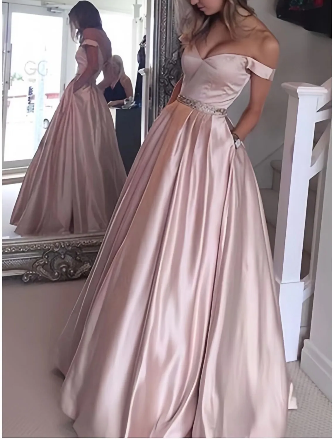 Ball Gown Evening Gown Elegant Dress Formal Floor Length Sleeveless Off Shoulder Satin with Pleats Crystals