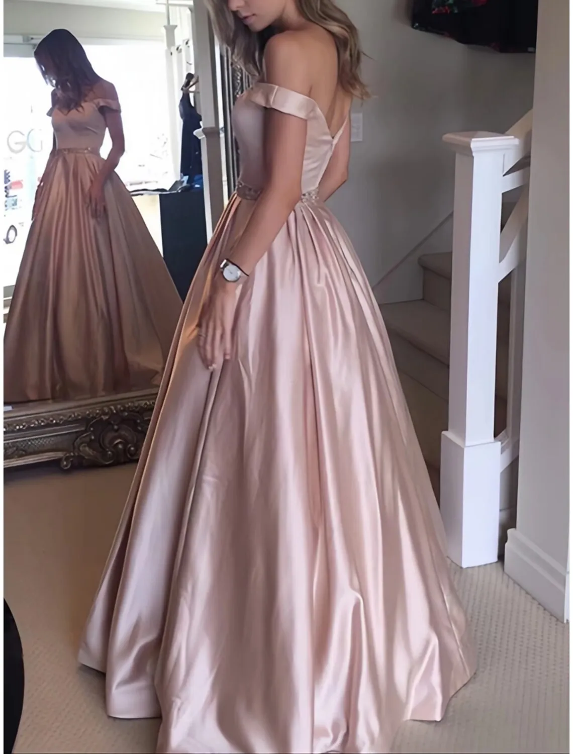 Ball Gown Evening Gown Elegant Dress Formal Floor Length Sleeveless Off Shoulder Satin with Pleats Crystals