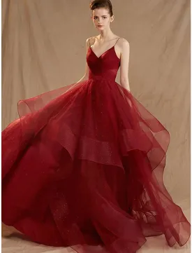 Ball Gown Evening Gown Elegant Dress Party Wear Floor Length Sleeveless V Neck Tulle V Back with Sequin Ruffles