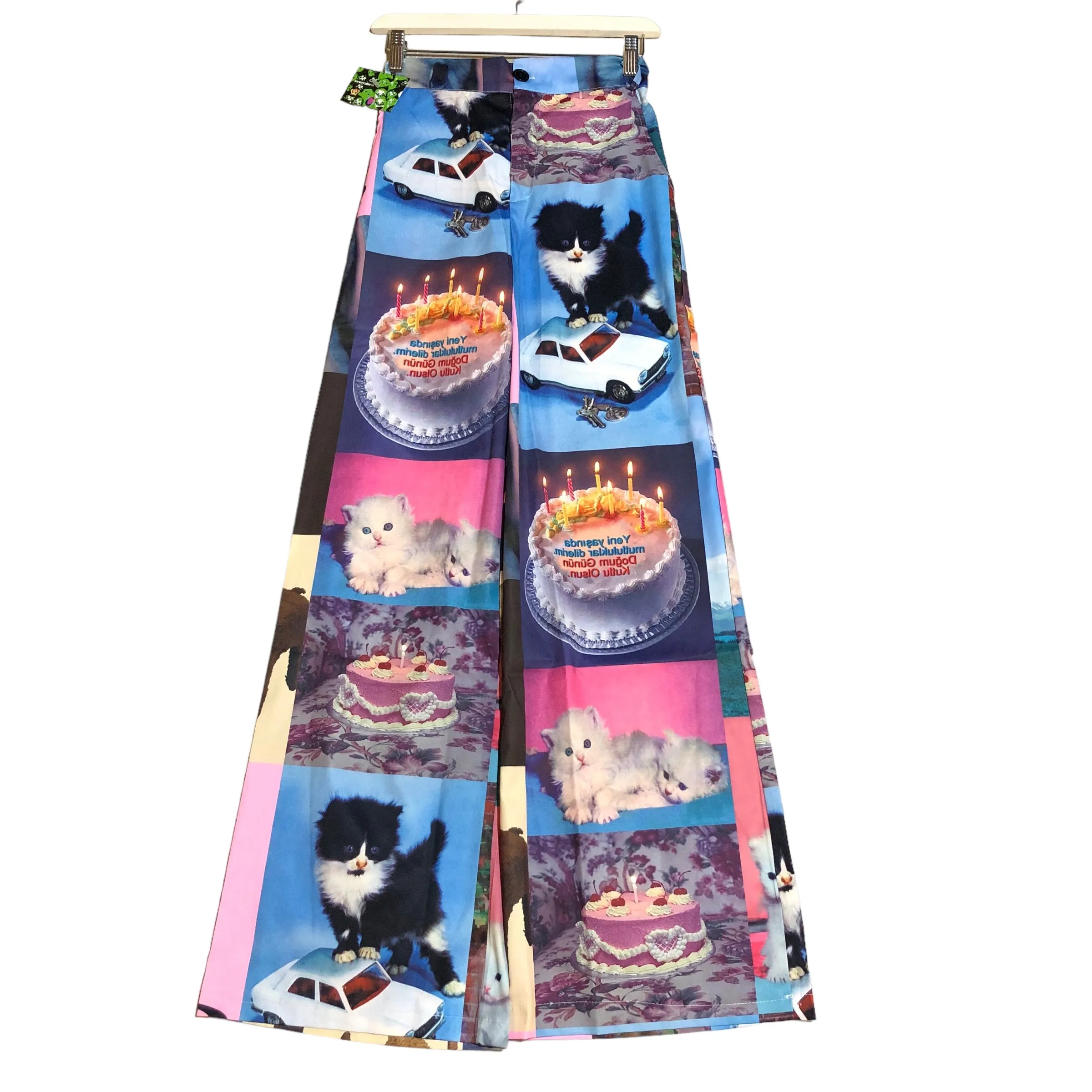 Birthday Cat Print Wide Leg Pants