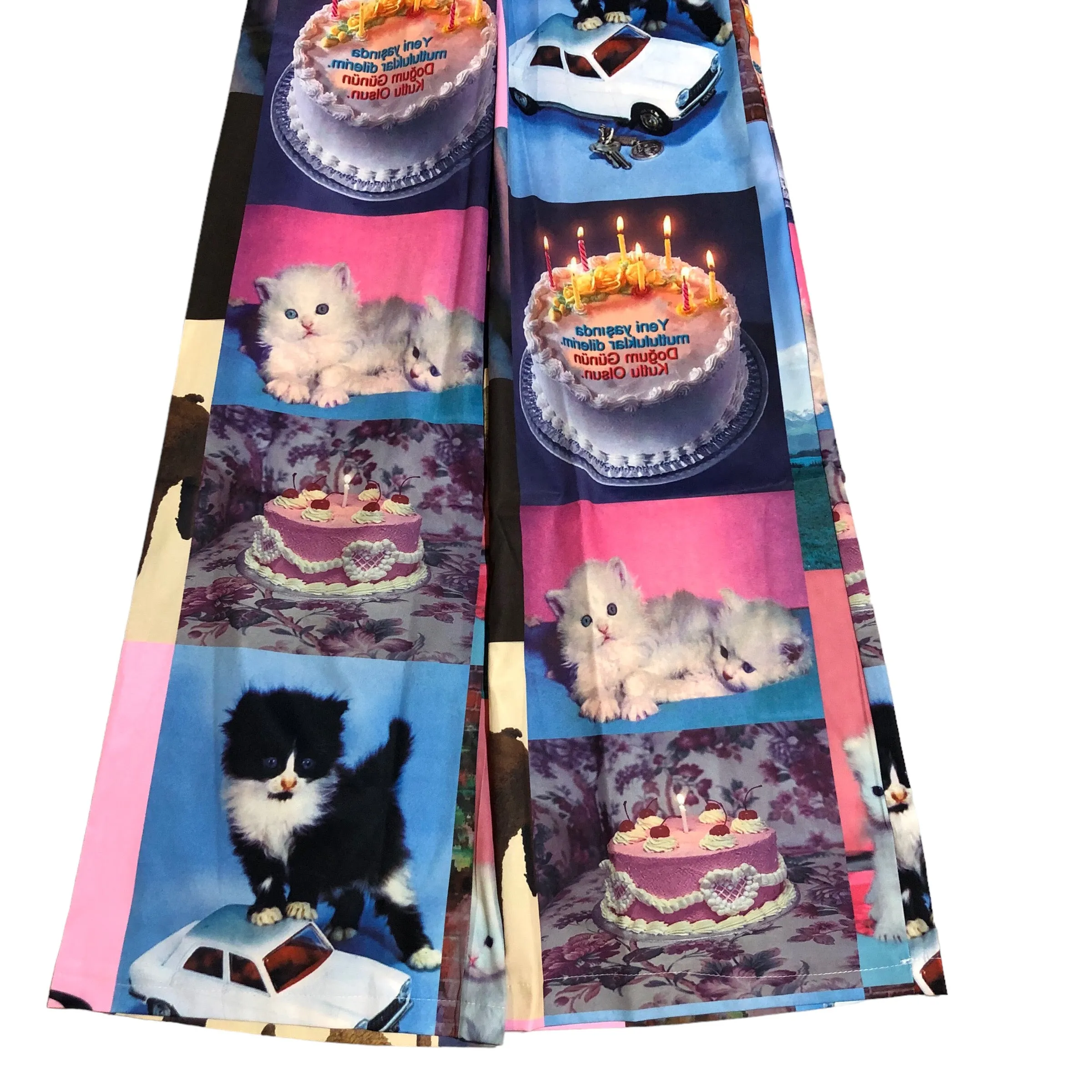 Birthday Cat Print Wide Leg Pants