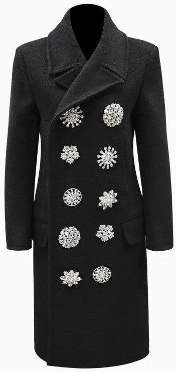 Black Double-Breasted Crystal-Button-Embellished Coat