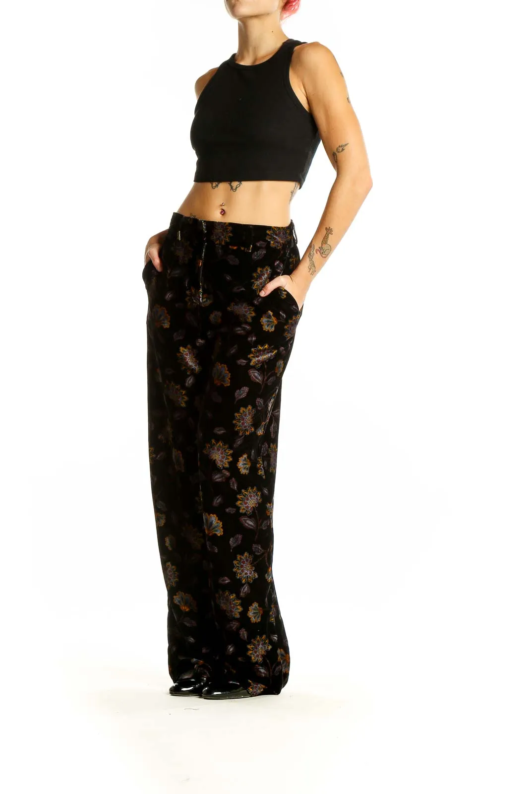 Black Floral Velvet Wide-Leg Pants