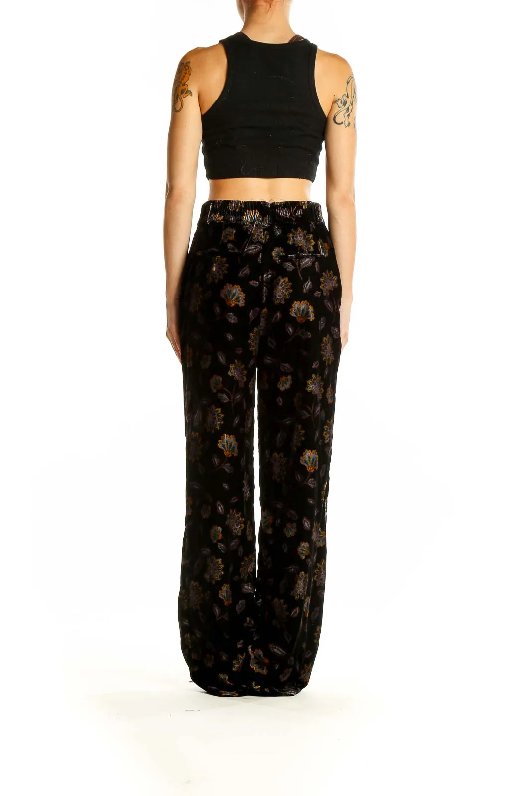 Black Floral Velvet Wide-Leg Pants