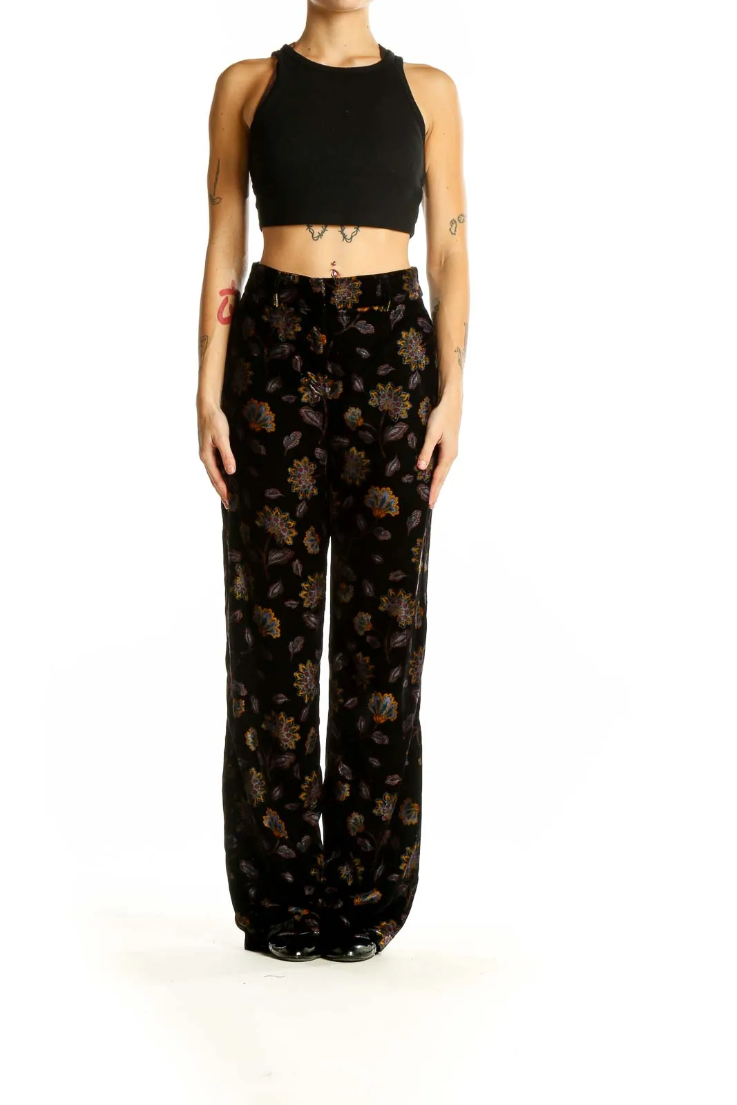 Black Floral Velvet Wide-Leg Pants