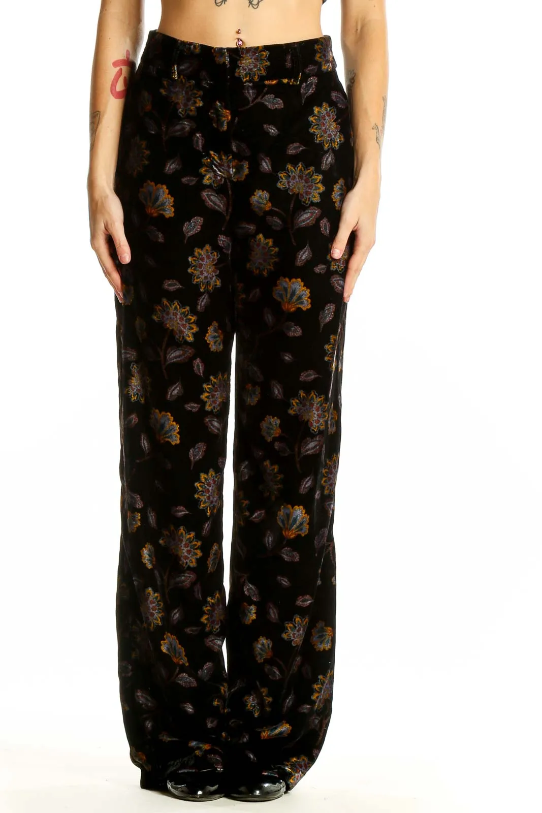 Black Floral Velvet Wide-Leg Pants