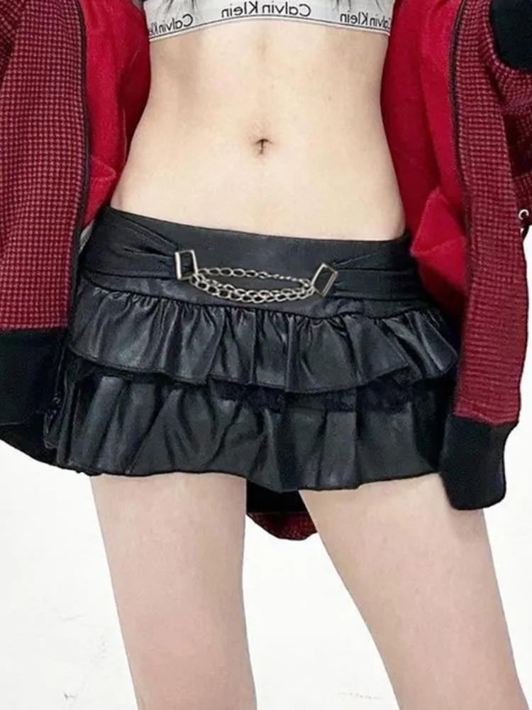 Black Metal Chain PU Leather Skirt