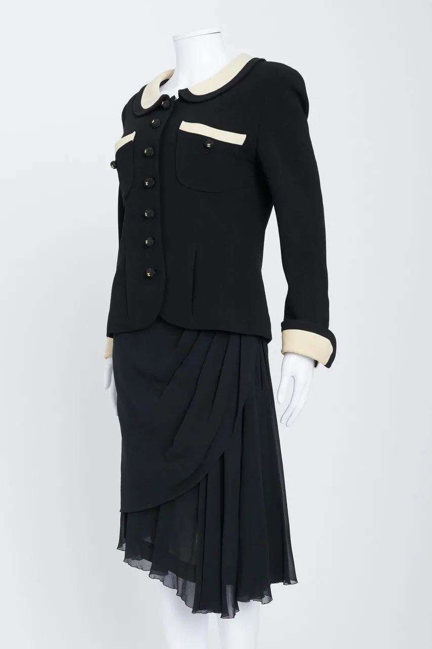 Black Silk Crepe Suit With Chiffon Asymmetric Skirt