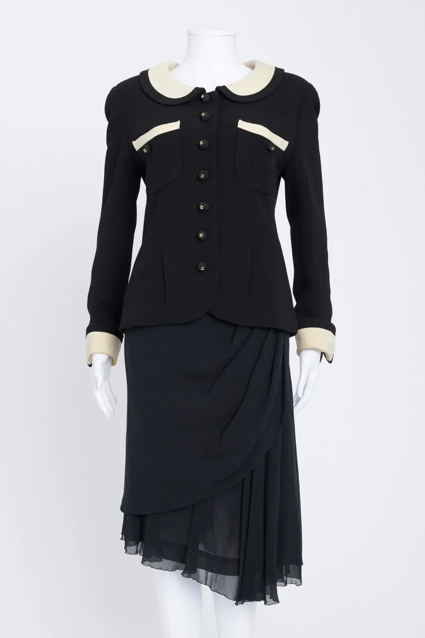 Black Silk Crepe Suit With Chiffon Asymmetric Skirt