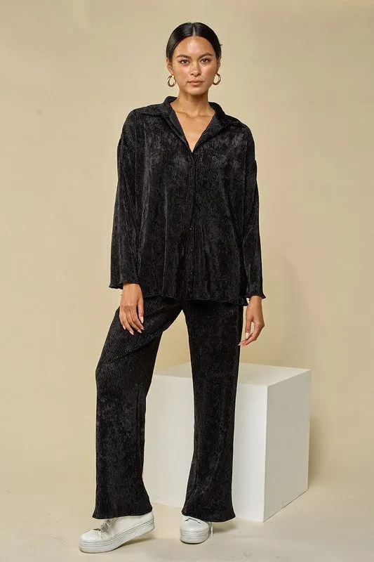 Black Velvet Pleated Collar Shirts& Wide Leg Pants Set