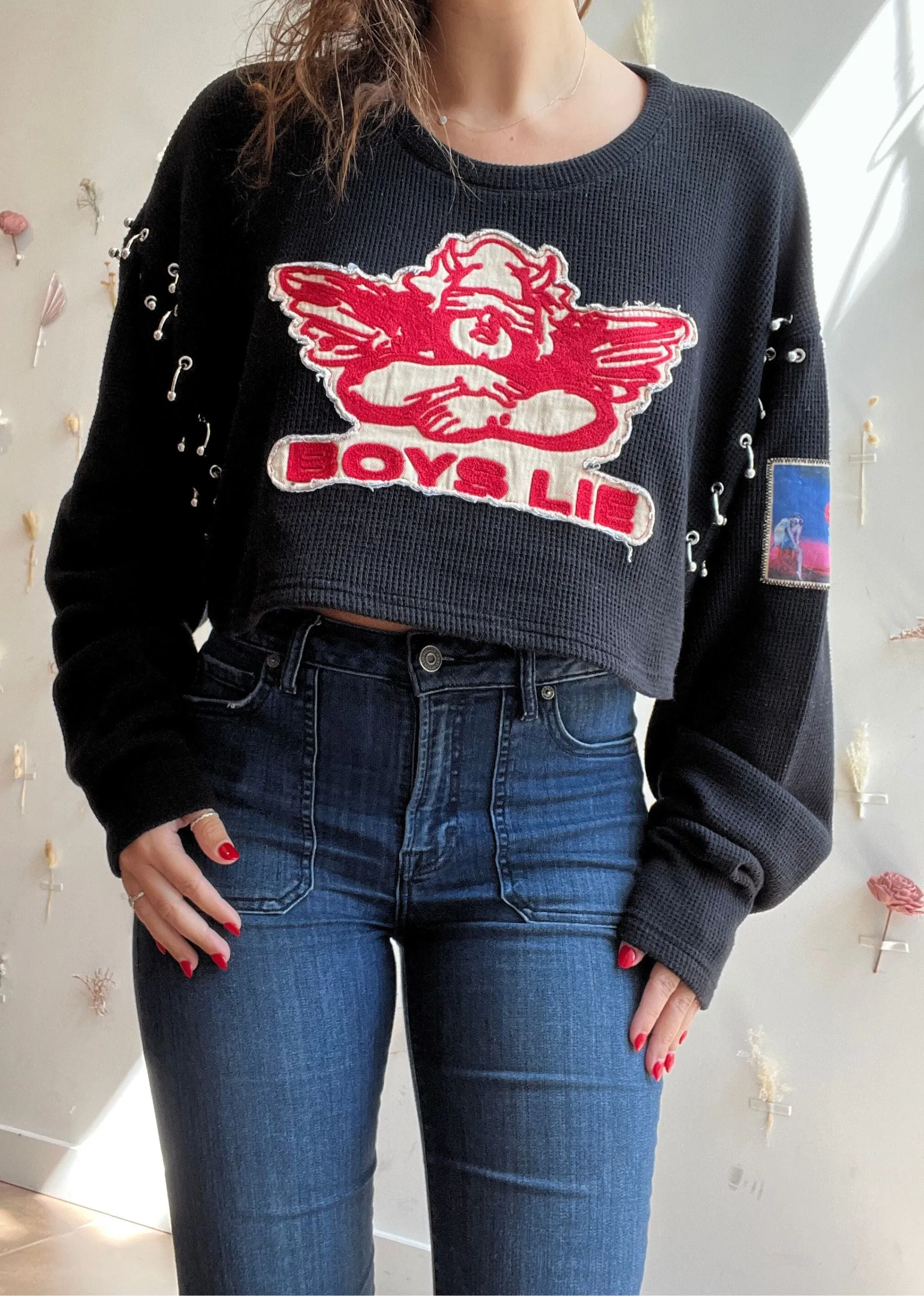 Boys Lie Stitch Me Up Thermal Crop Boyfriend Long Sleeve ★ Black