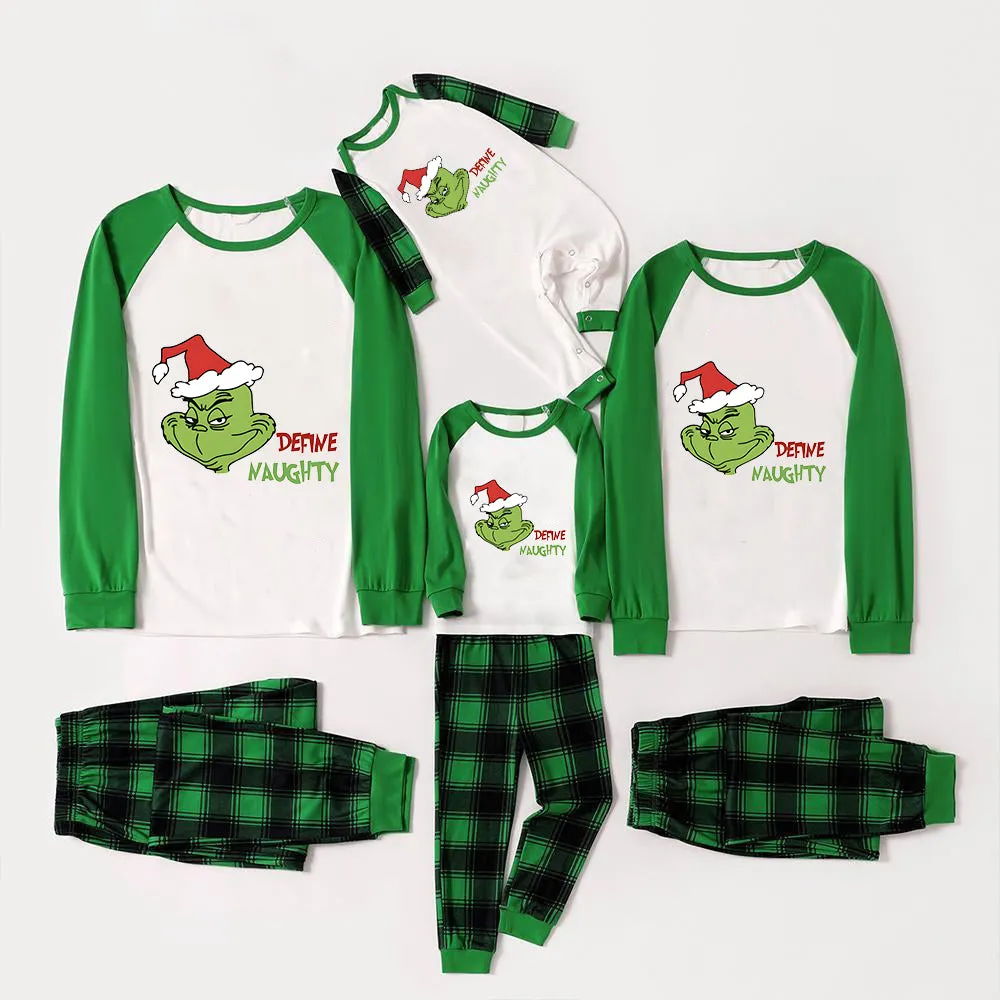 Christmas 'Define Naughty' Letter Print Patterned Casual Long Sleeve Sweatshirts Green Contrast Tops and Black and Green Plaid Pants  Family Matching Raglan Long-sleeve Pajamas Sets With Dog Bandana