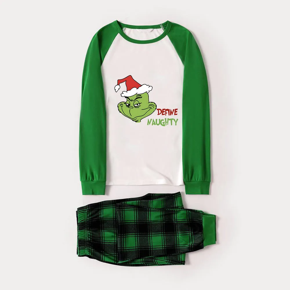 Christmas 'Define Naughty' Letter Print Patterned Casual Long Sleeve Sweatshirts Green Contrast Tops and Black and Green Plaid Pants  Family Matching Raglan Long-sleeve Pajamas Sets With Dog Bandana