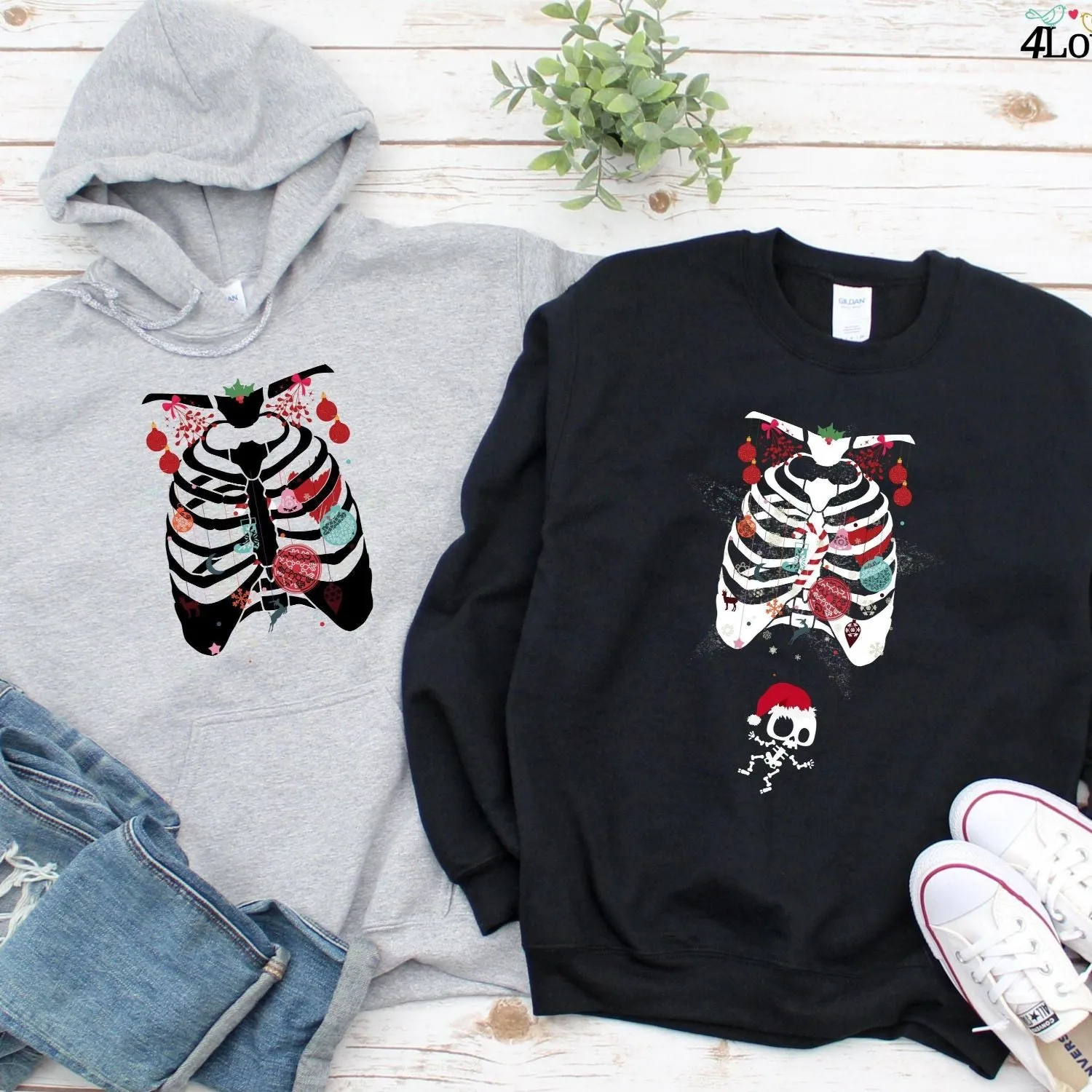 Christmas Maternity & Couple Skeleton Matching Set, Xmas Pregnancy Announcement Outfits