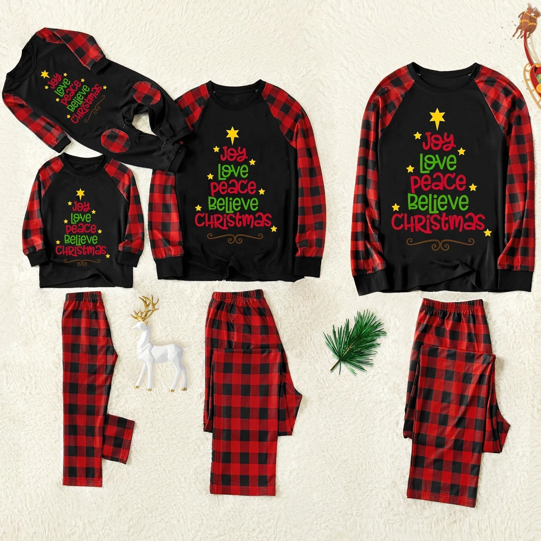 Christmas "Jesus is the Reason of the Season" Letter Print Patterned Contrast Black top and Black & Red Plaid Pants Family Matching Pajamas Set With Dog Bandana