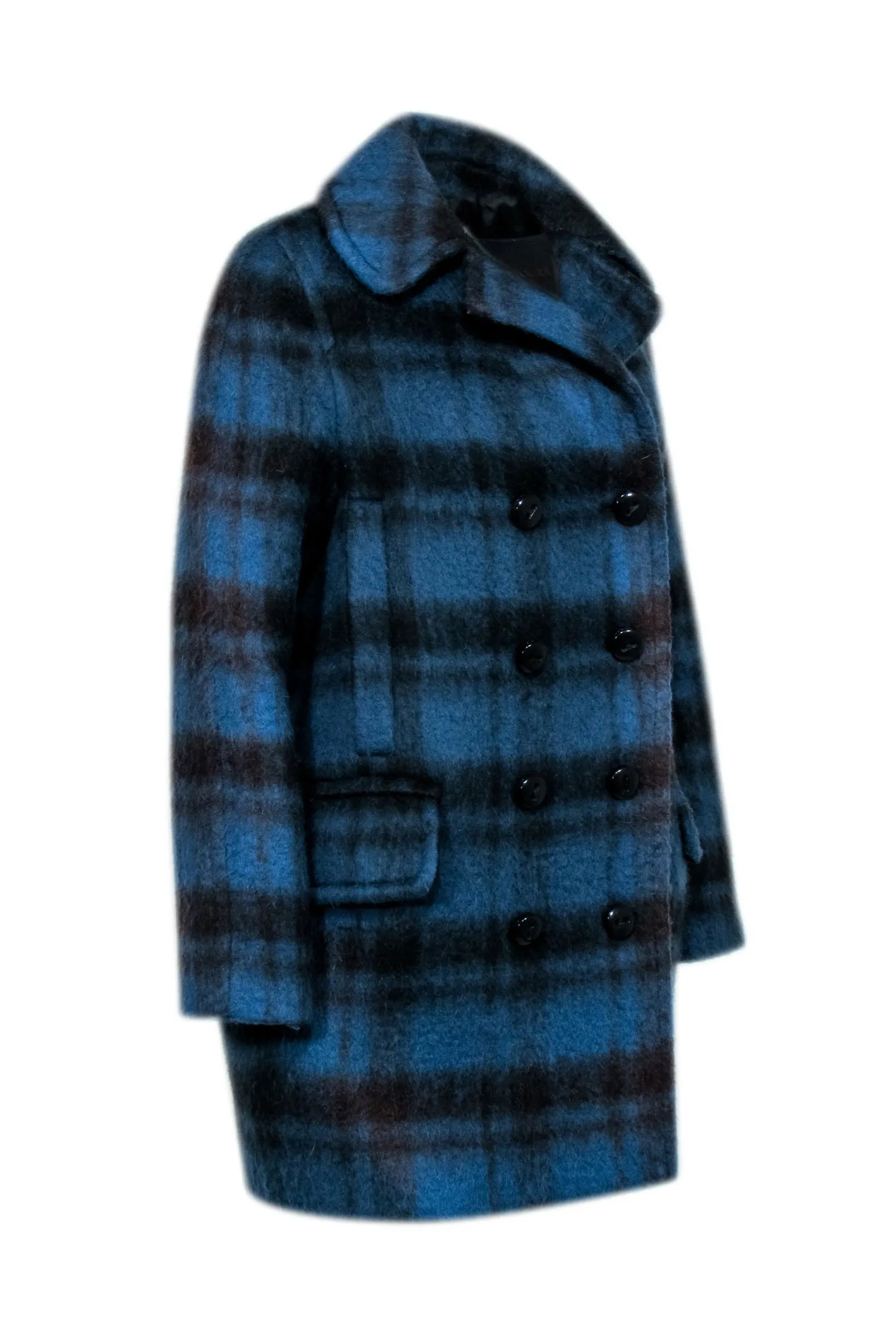 Coach - Blue & Black Plaid Wool Blend Coat Sz S