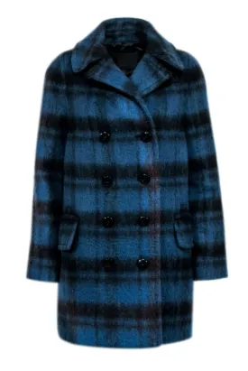 Coach - Blue & Black Plaid Wool Blend Coat Sz S