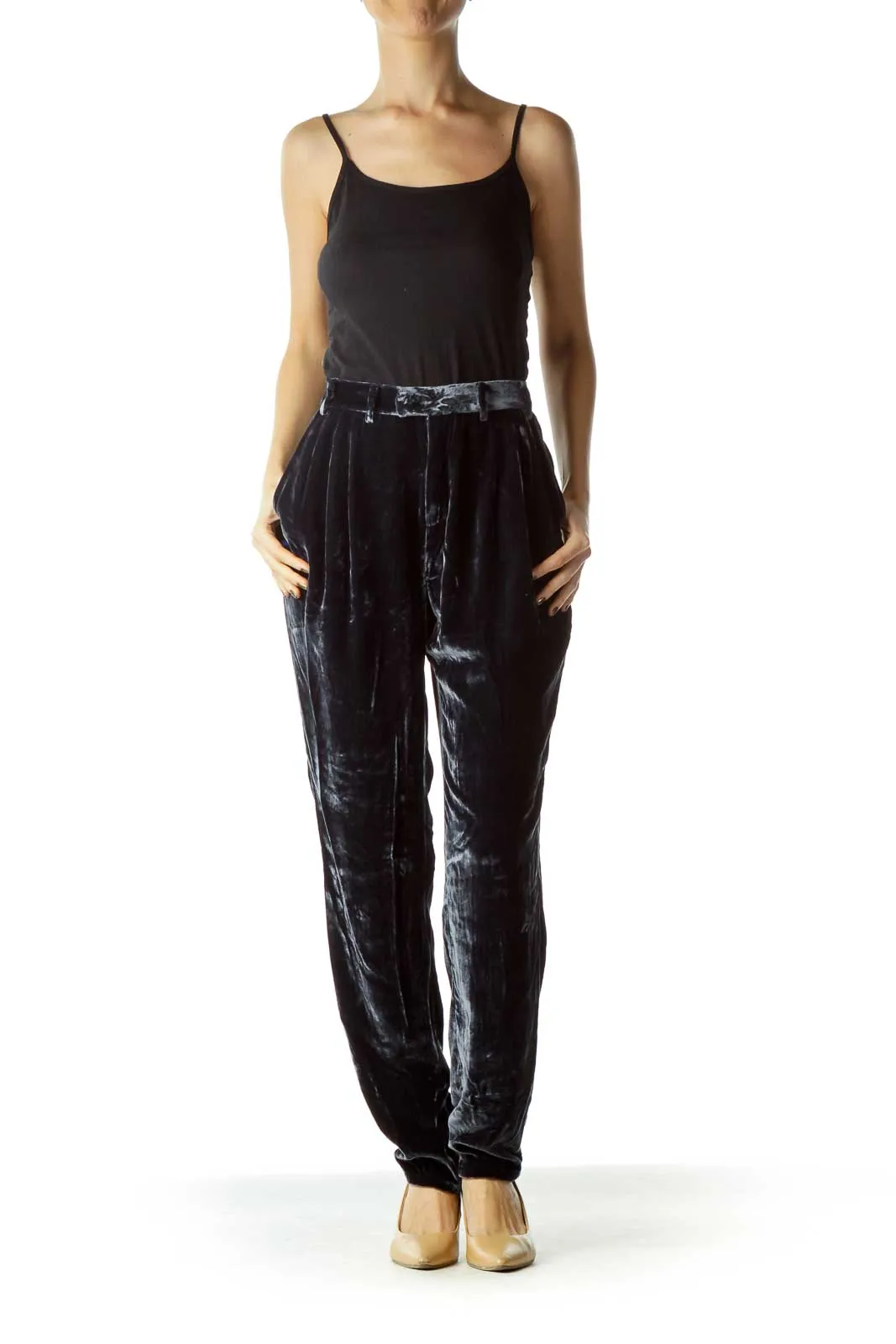 Dark Blue Velvet Pocketed Pants