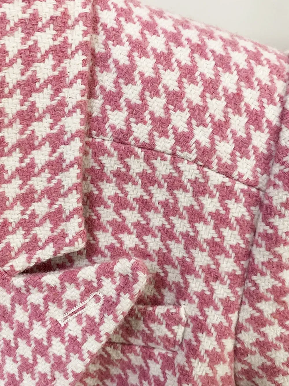 Double Breasted Pink Houndstooth Tweed Coat