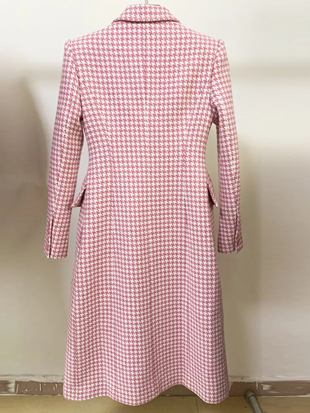 Double Breasted Pink Houndstooth Tweed Coat