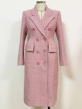 Double Breasted Pink Houndstooth Tweed Coat