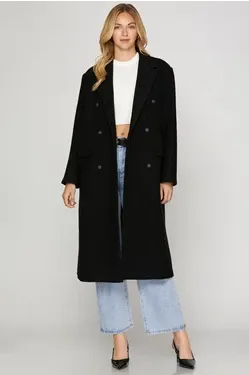 Double Breasted Wool Blend Coat in Black