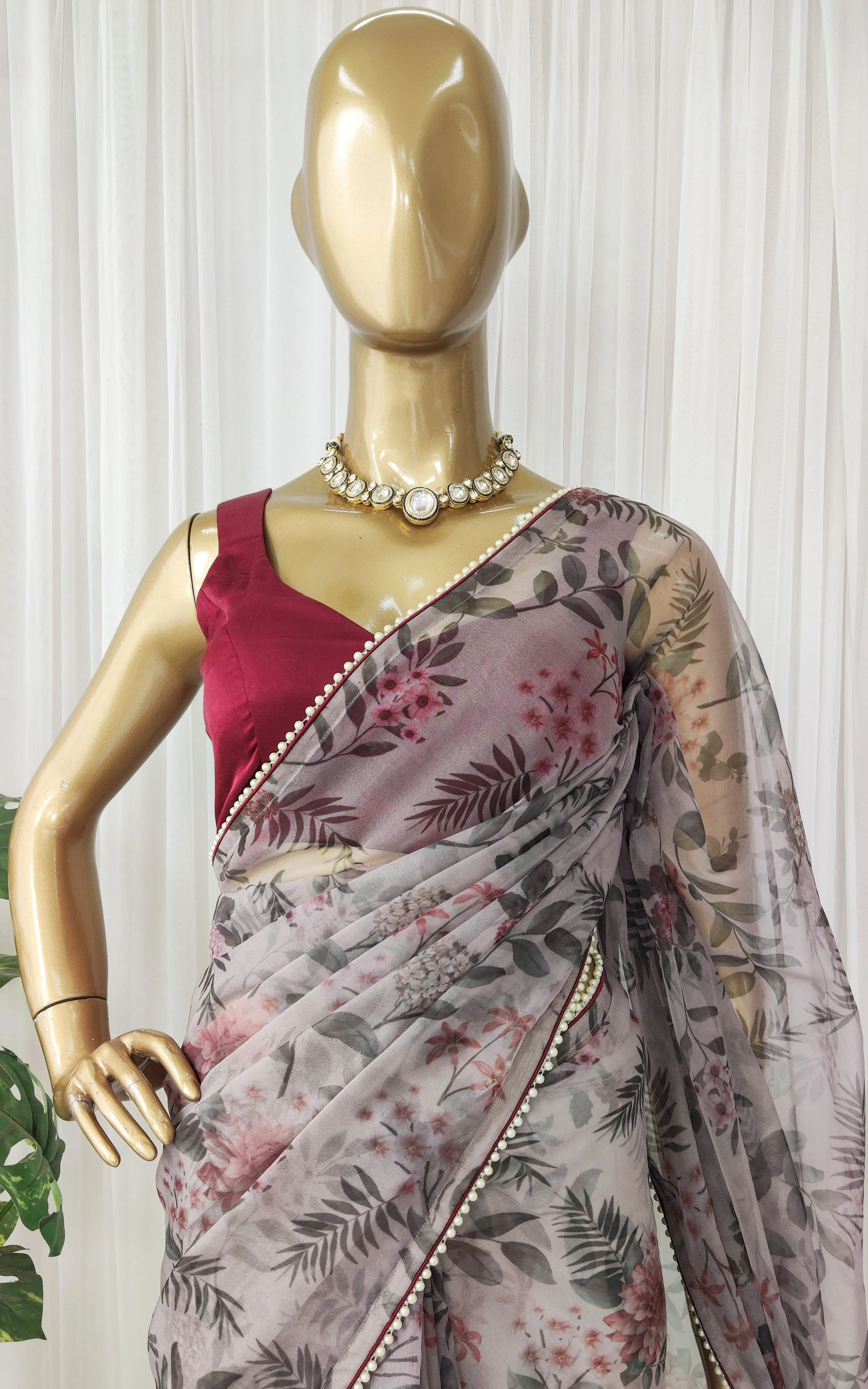 Dove Grey Foliage Print Organza Saree