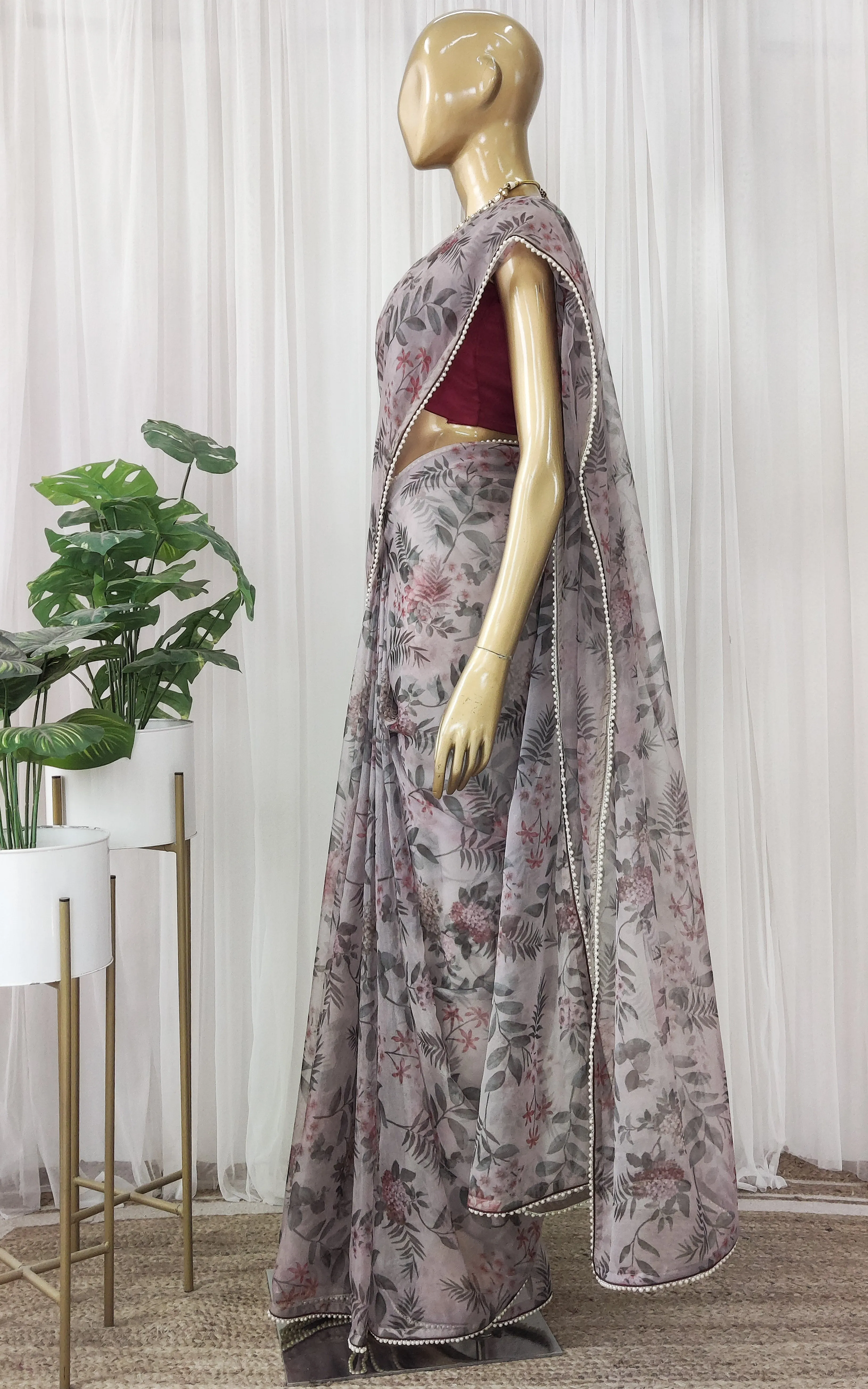 Dove Grey Foliage Print Organza Saree