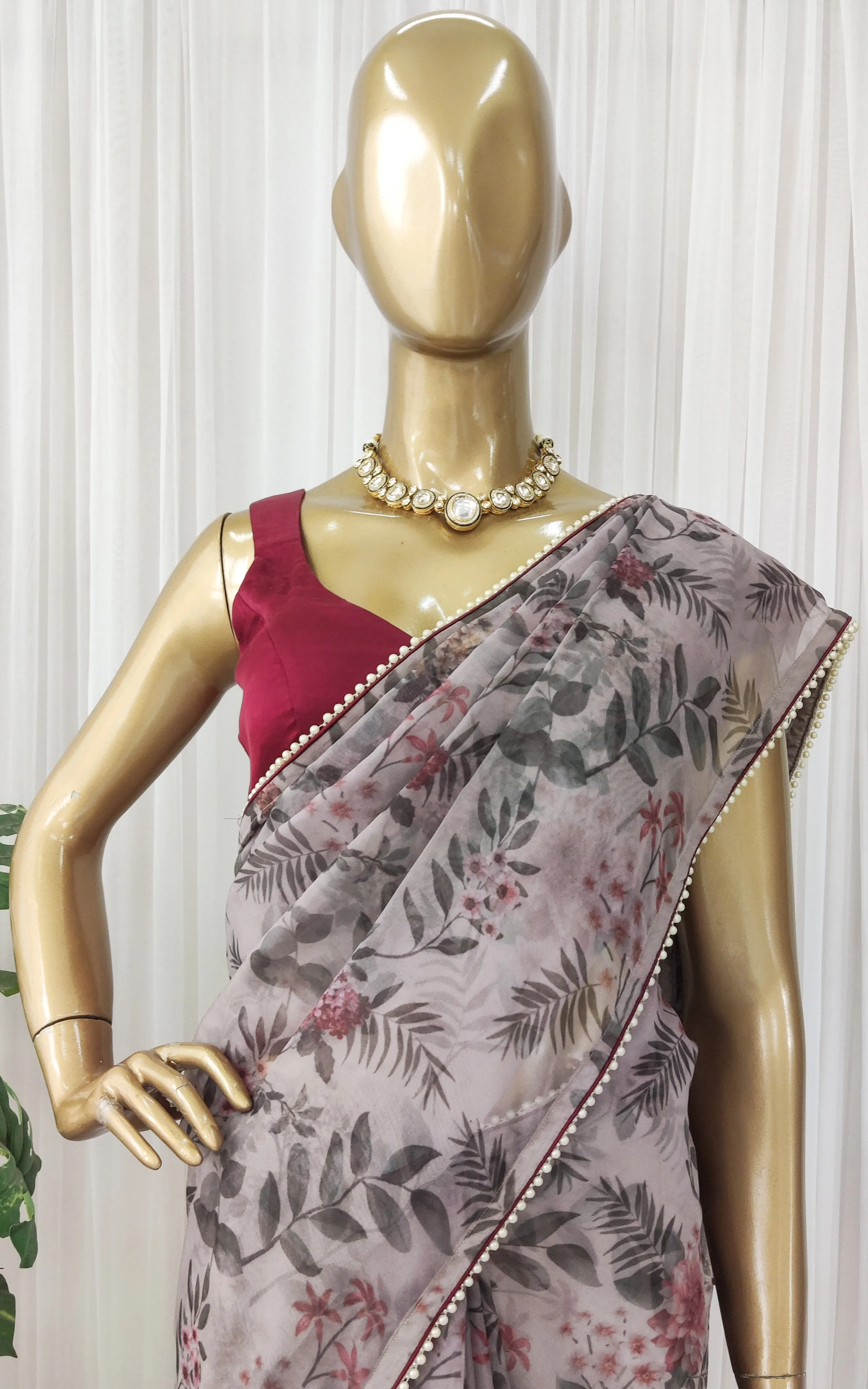 Dove Grey Foliage Print Organza Saree