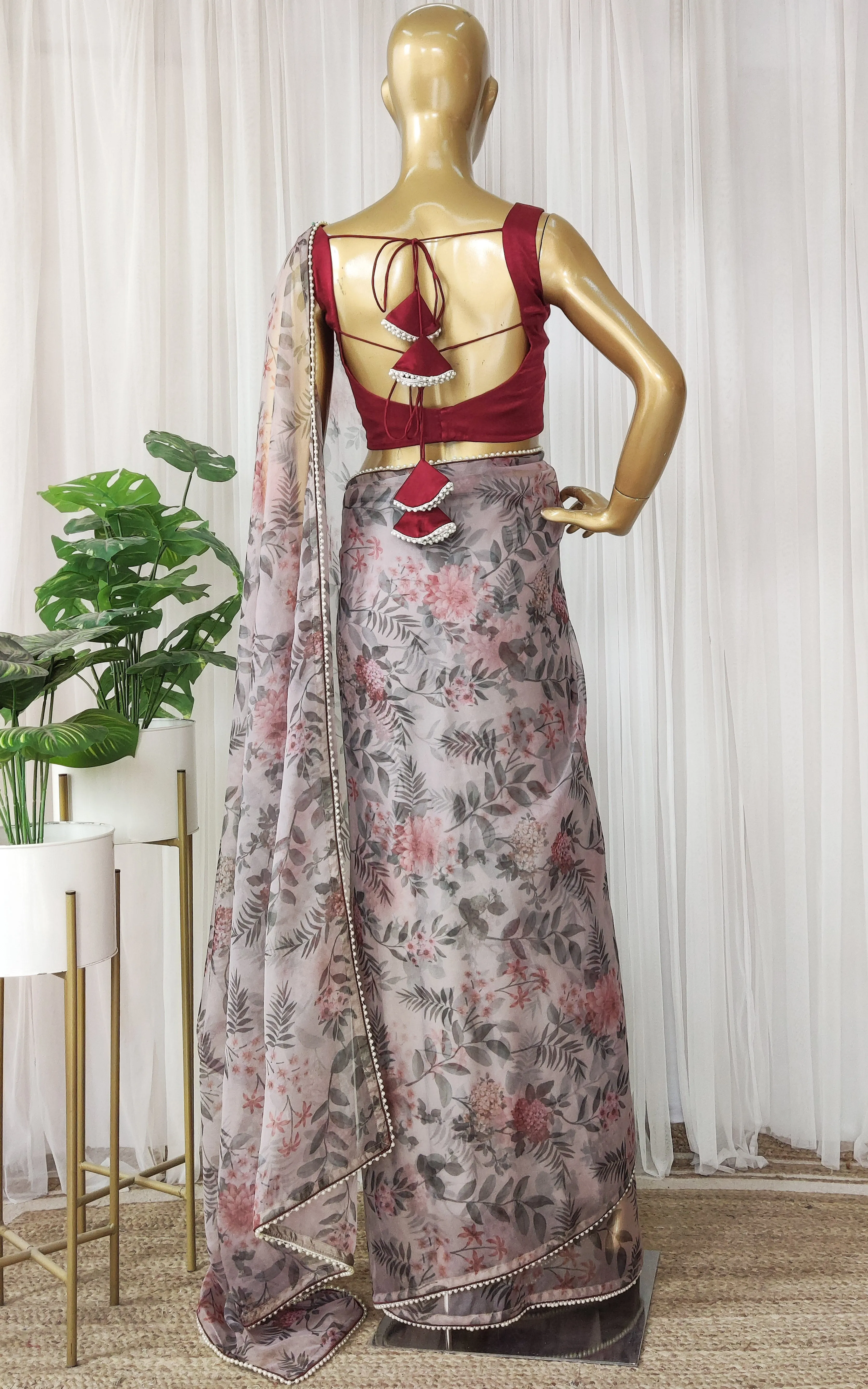 Dove Grey Foliage Print Organza Saree