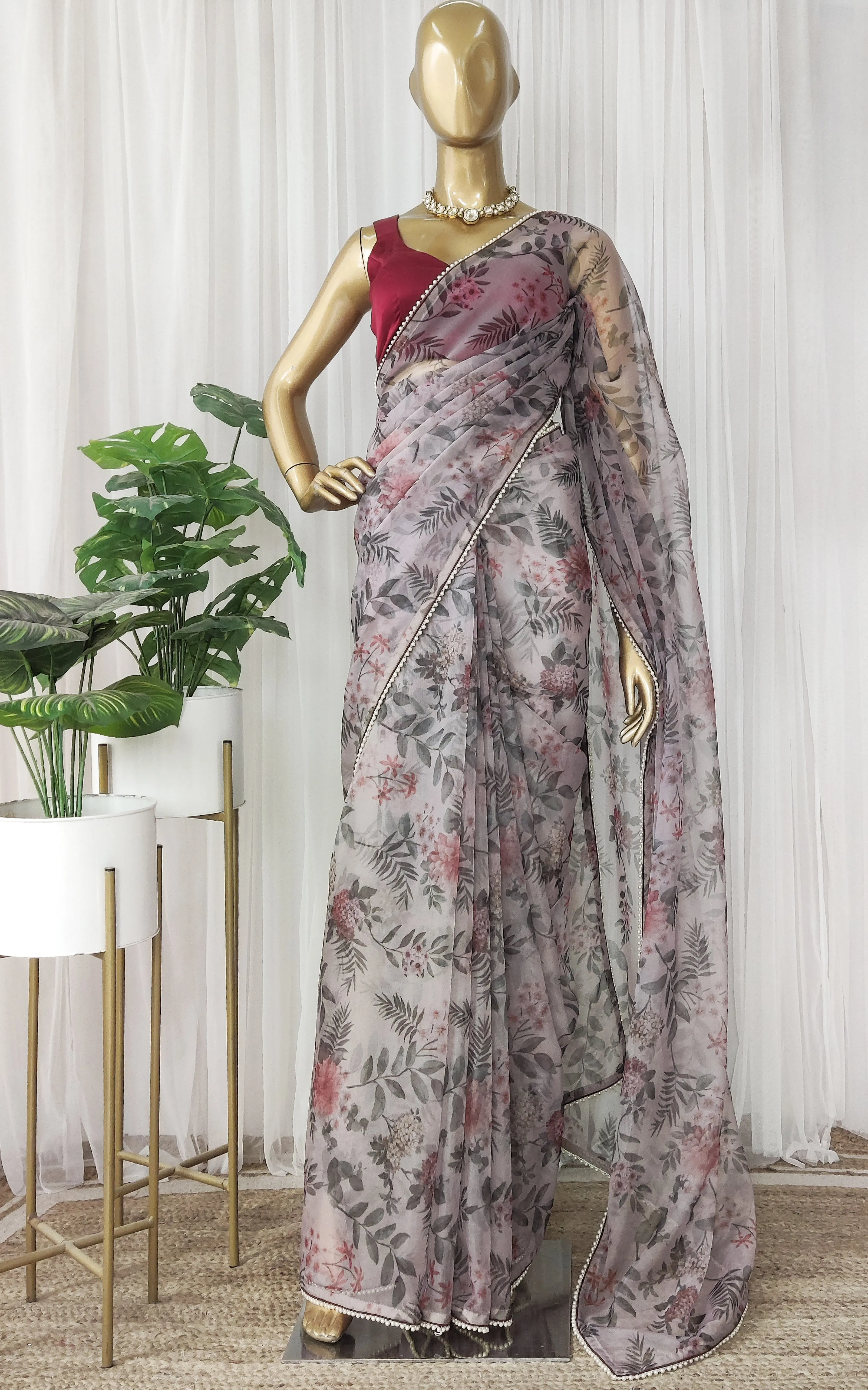 Dove Grey Foliage Print Organza Saree