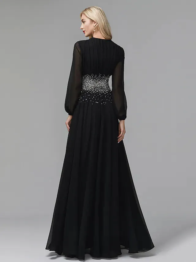 Evening Dress Celebrity Red Carpet Formal Gown Black Tie Wedding Guest Floor Length Long Sleeve V Neck Chiffon with Sequin