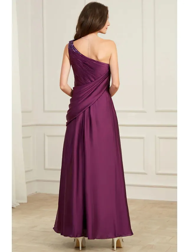 Evening Gown Elegant Dress Wedding Guest Floor Length Sleeveless One Shoulder Polyester with Pleats Ruched