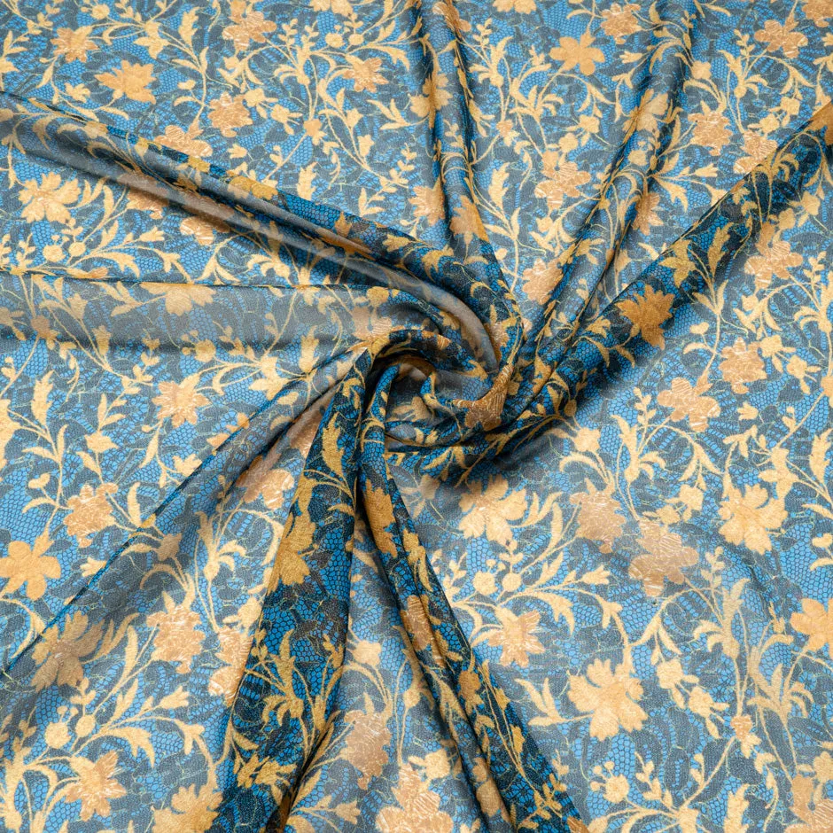 Floral & Blue Lace Printed Pure Silk Georgette