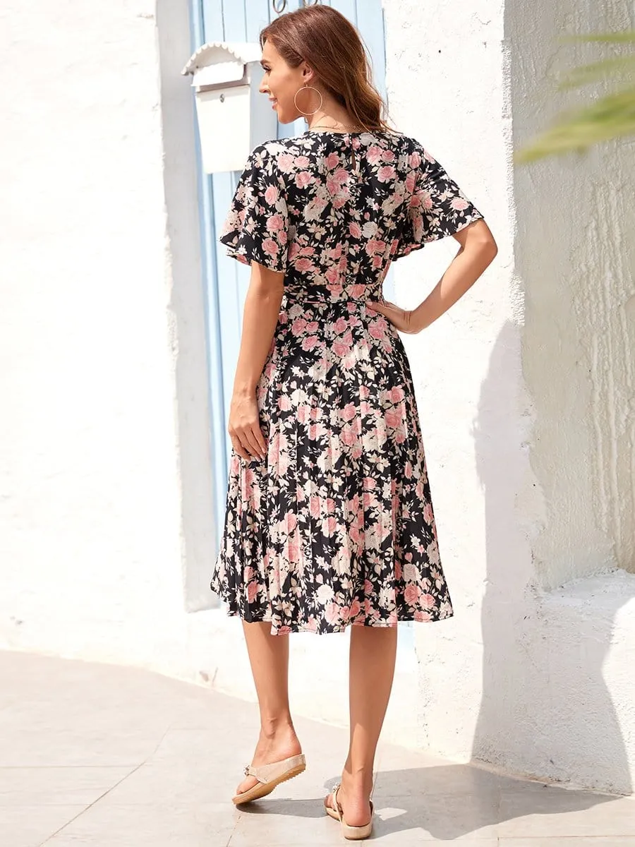 Floral Pleated Round Neck Short Butterfly Sleeves Summer Midi Dress