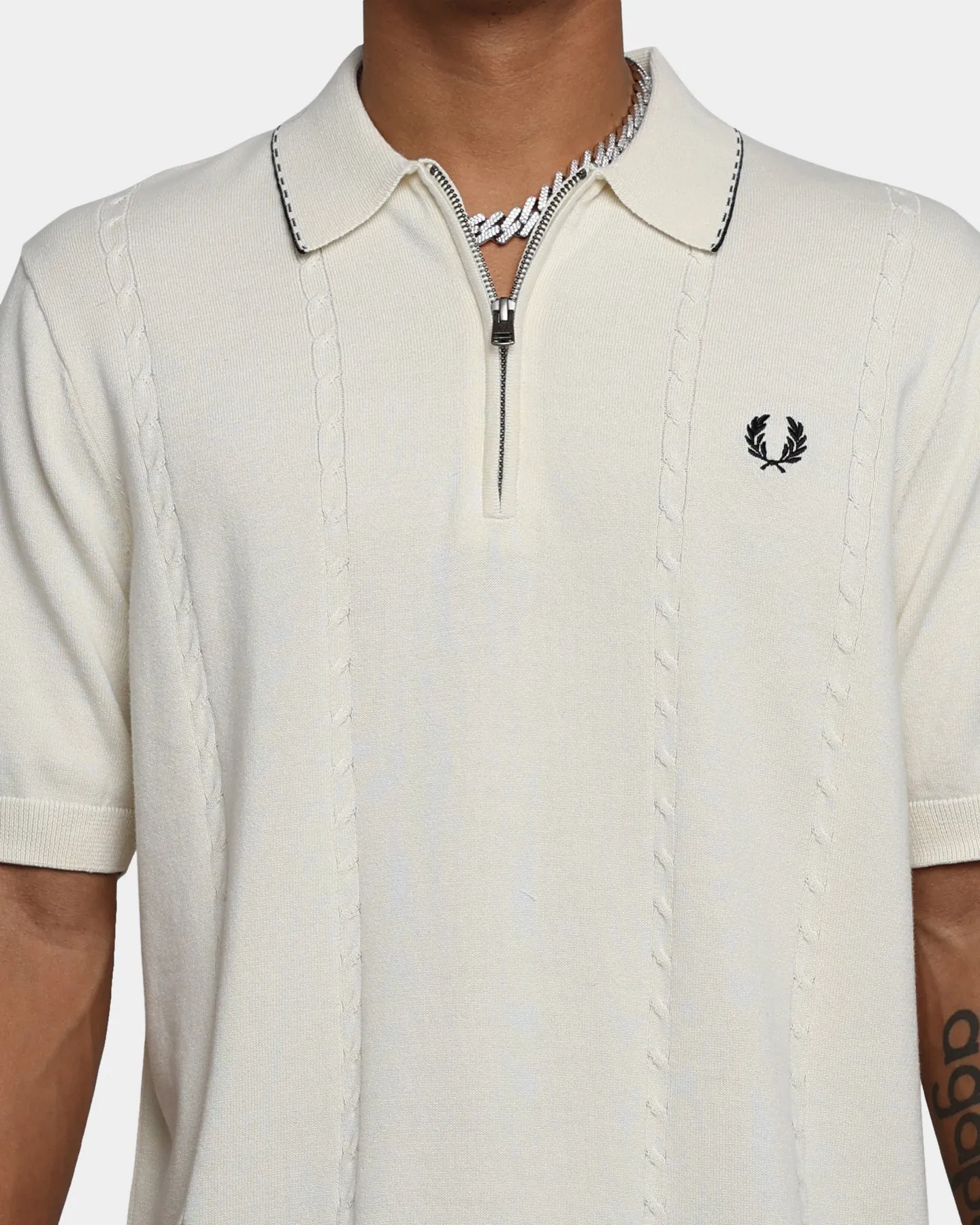 Fred Perry Cable Zip Neck Knitted Polo Shirt Ecru