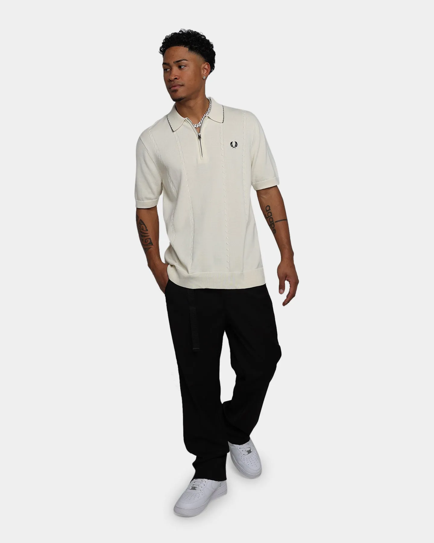 Fred Perry Cable Zip Neck Knitted Polo Shirt Ecru