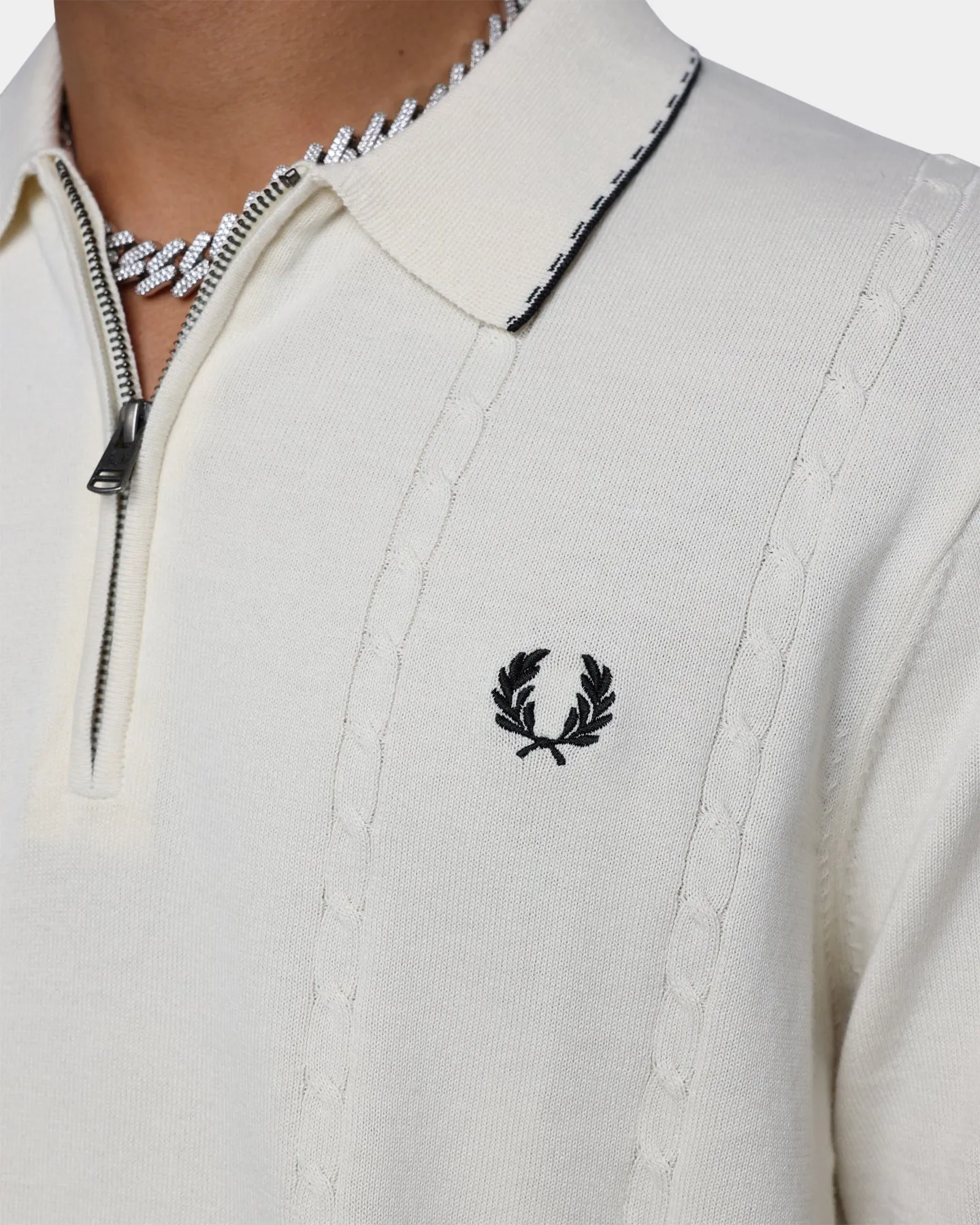 Fred Perry Cable Zip Neck Knitted Polo Shirt Ecru