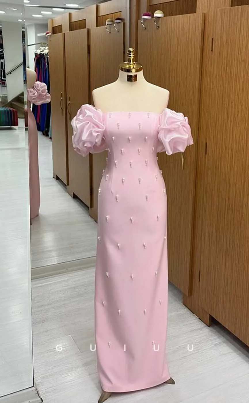 G4498 - Unique & Chic Mermaid Fitted Baby Pink Off-Shoulder Floor-Length Prom Gown with Pearls