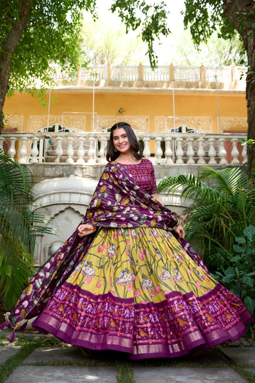 Gorgeous Yellow Patola Print Zari Weaving Border Work Lehenga Choli