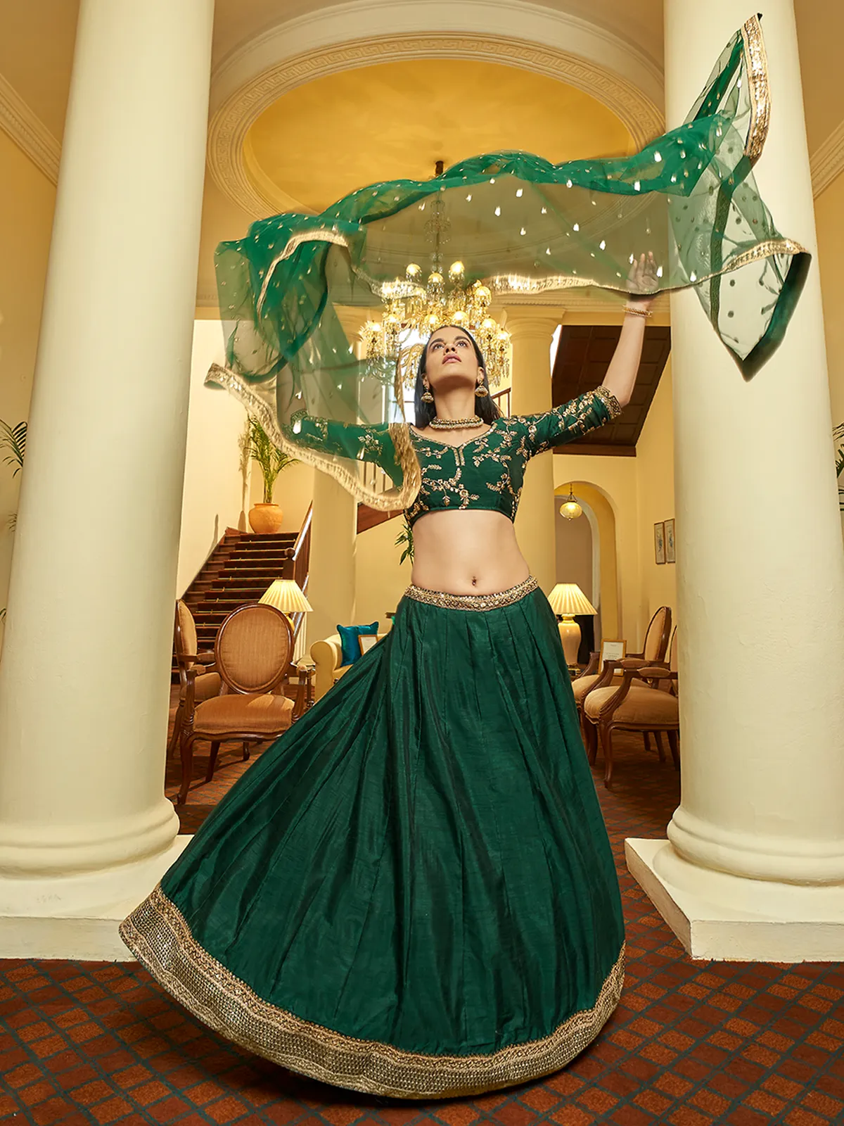 Green Art Silk Semi Stitched Lehenga With Unstitched Blouse