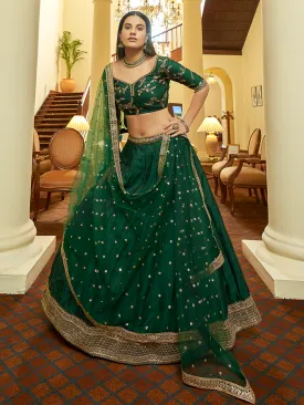 Green Art Silk Semi Stitched Lehenga With Unstitched Blouse