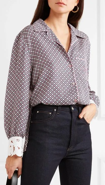 Guipure Lace-Trimmed Printed Silk Blouse